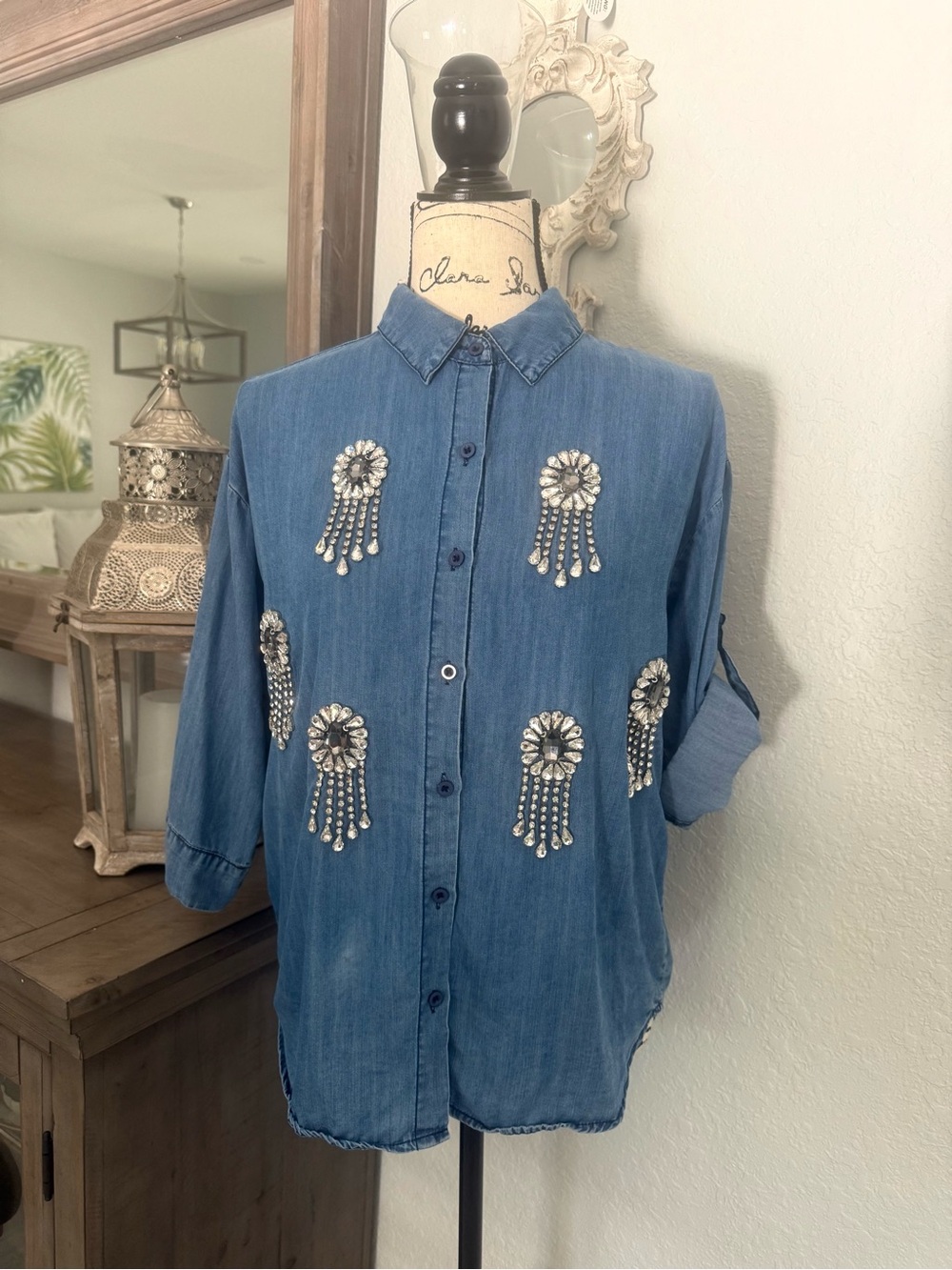 Pastel Blue Denim Rhinestone Embellished Button Down Shirt Size S